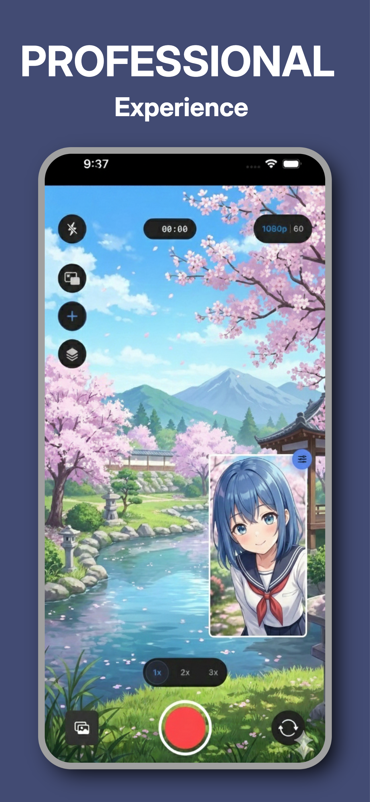 Main Recording View showing split screen of front and back cameras with recording controls at the bottom