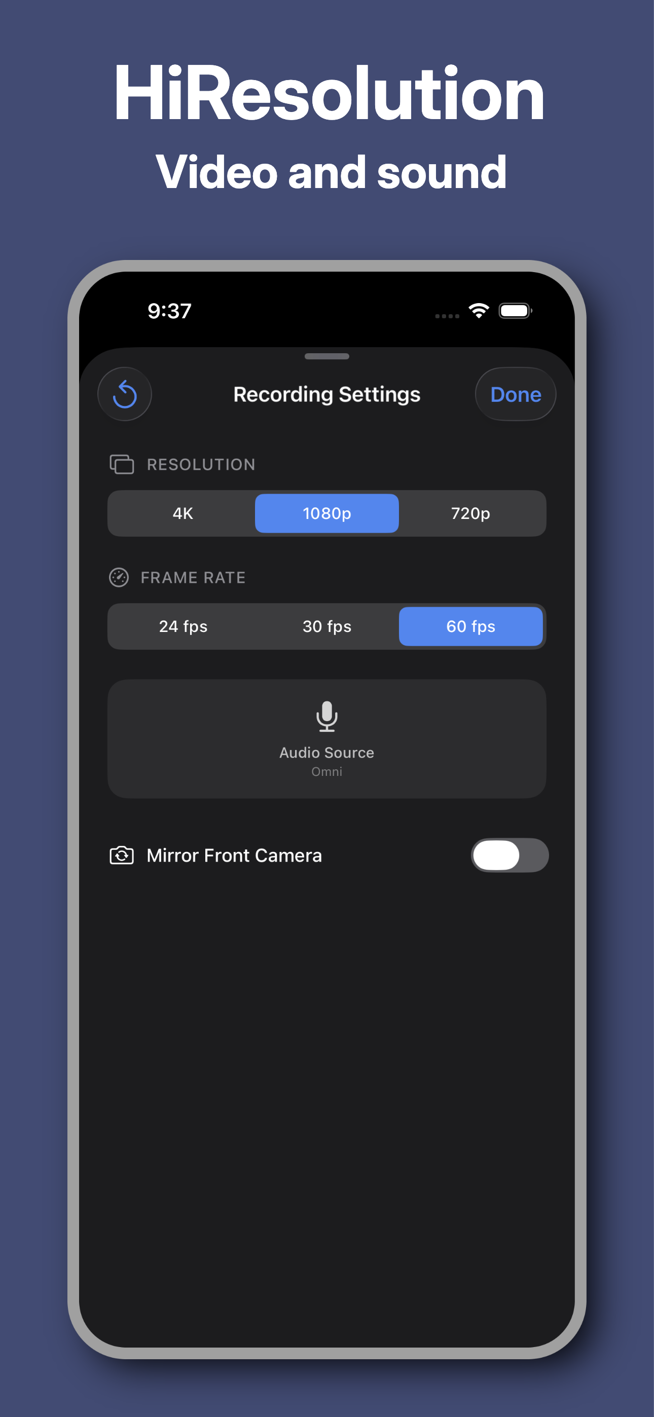 Advanced settings menu displaying 4K resolution toggle and 60fps frame rate options